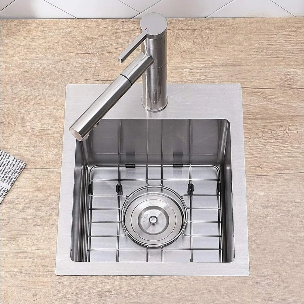 

Compact 13x15 Topmount Handcrafted Single Bowl Wet Bar Sink Brushed Nickel for RV Outdoor Kitchen Accessories Included