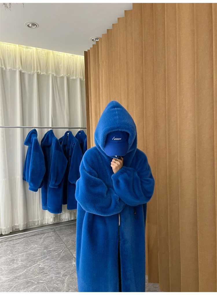 Lautaro Winter Long Oversized Warm Thick Blue White Fluffy Faux Fur Coat Women with Hood 2022 Loose Casual Korean Style Fashion