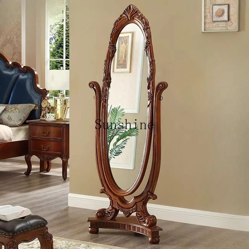 

American all solid wood rotatable full body mirror retro carved floor mirror home