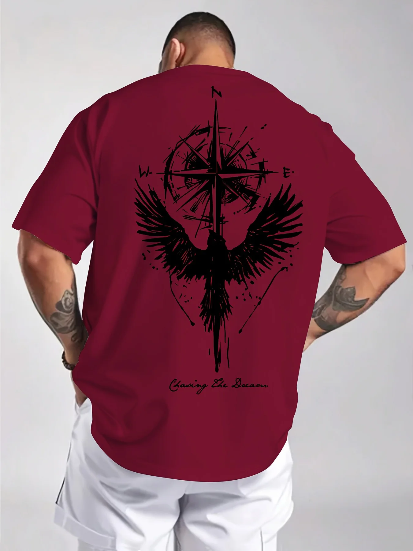 Men's Summer 100% Cotton Fashionable Casual Loose Large Compass Map Bird Pattern Printed Round Neck Short Sleeve T-shirt Top