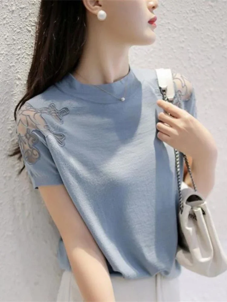 Fashion Embroidery Spliced Lace Gauze Blouse Women Clothing 2024 Spring New Casual Pullovers Tops Loose Commute Shirt N270