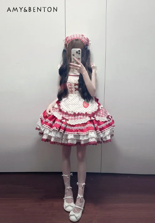 

Sweet Red White Lolita Dress Strawberry Print Plaid Ruffle Lace Bow JSK with Apron Cosplay Party Princess Dress for Girls