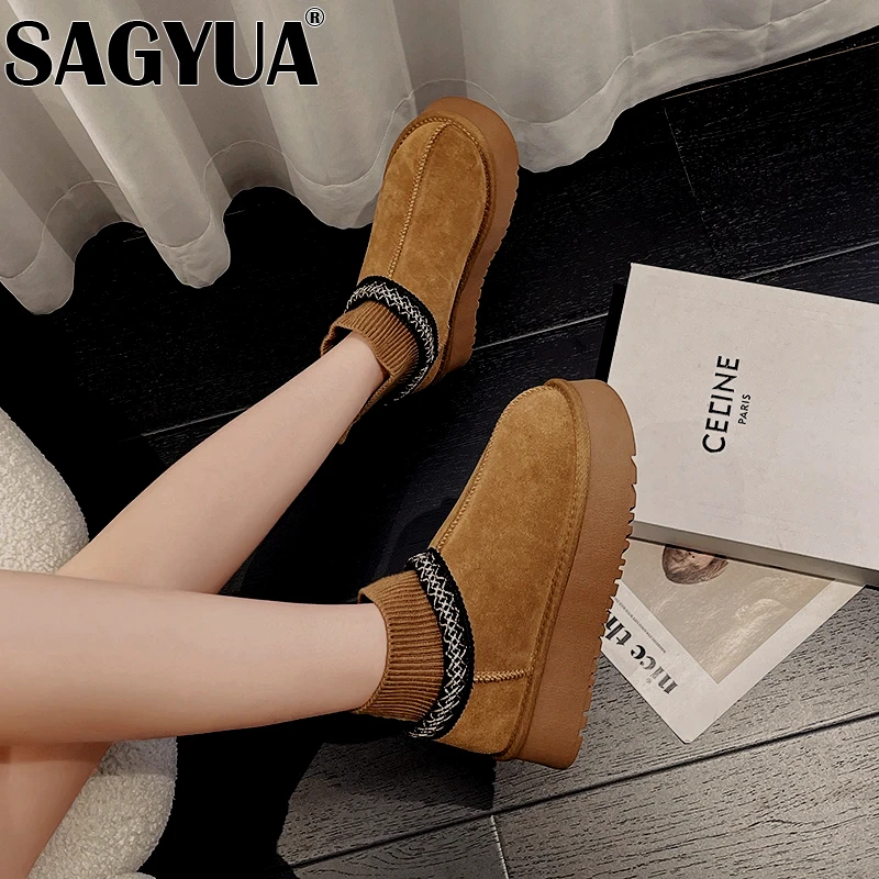 Platform Flats Snow Ankle Boots Women Fur Cotton Shoes Suede Woman Winter Brand 2025 Trend Plush Thick Warm Non-Slip Botas Mujer