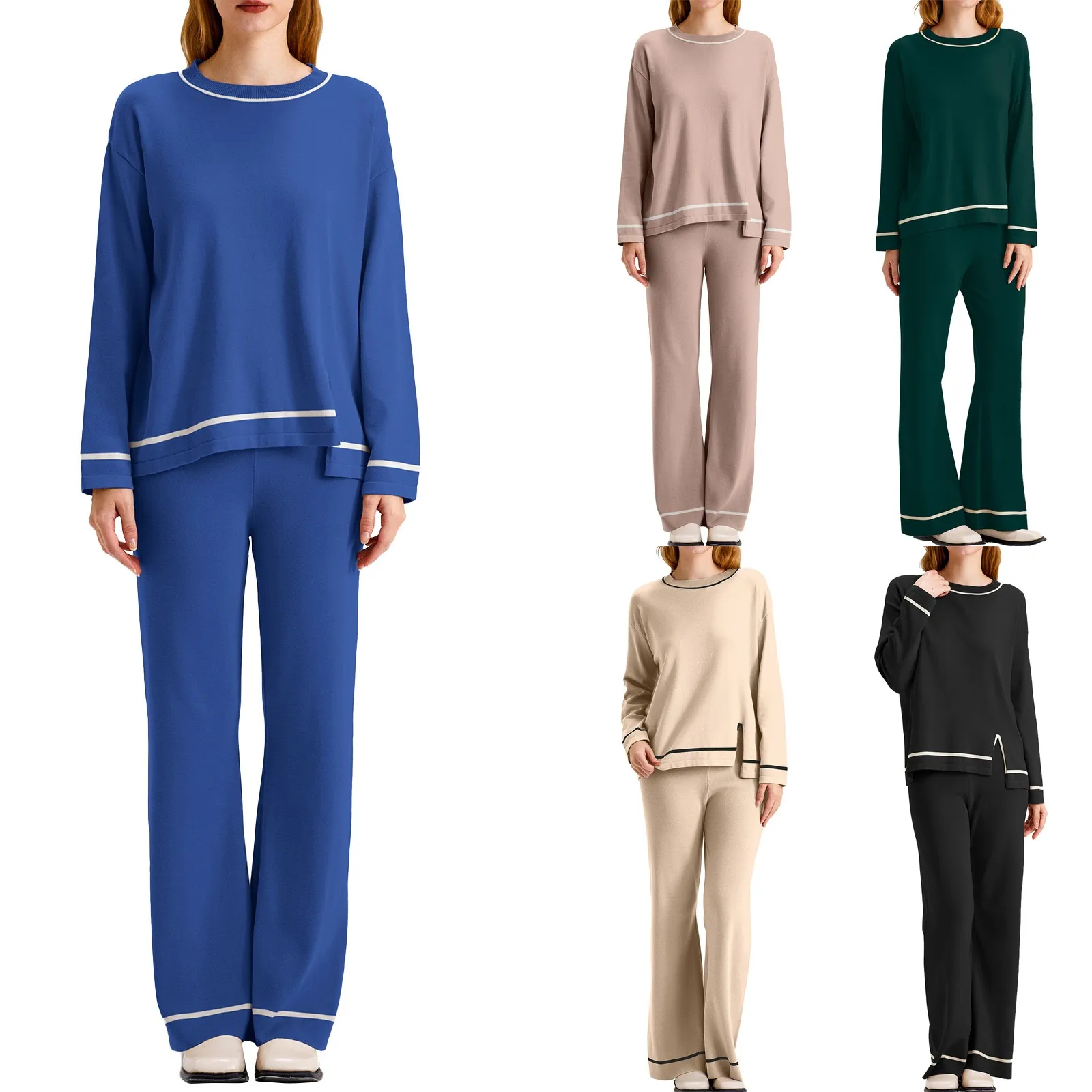 Autumn Winter 2 Pieces Oversize Women's Sets Knitted Tracksuit Turtleneck Sweater and Wide Leg Jogging Pants Suits 2024