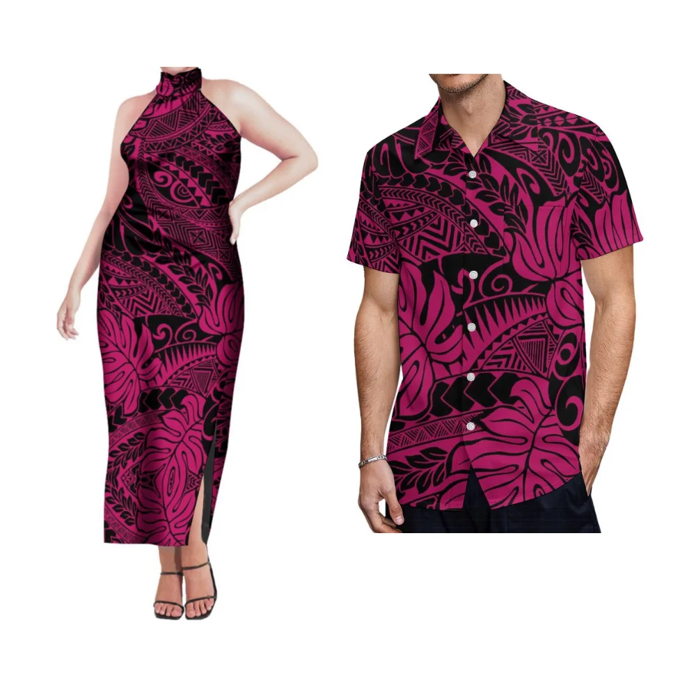 

Polynesian Tribal Print Custom Vintage Art Couple Suit Women'S Halter Slim Dress With Slit Hemline Hawaiian Men'S Casual Shirt