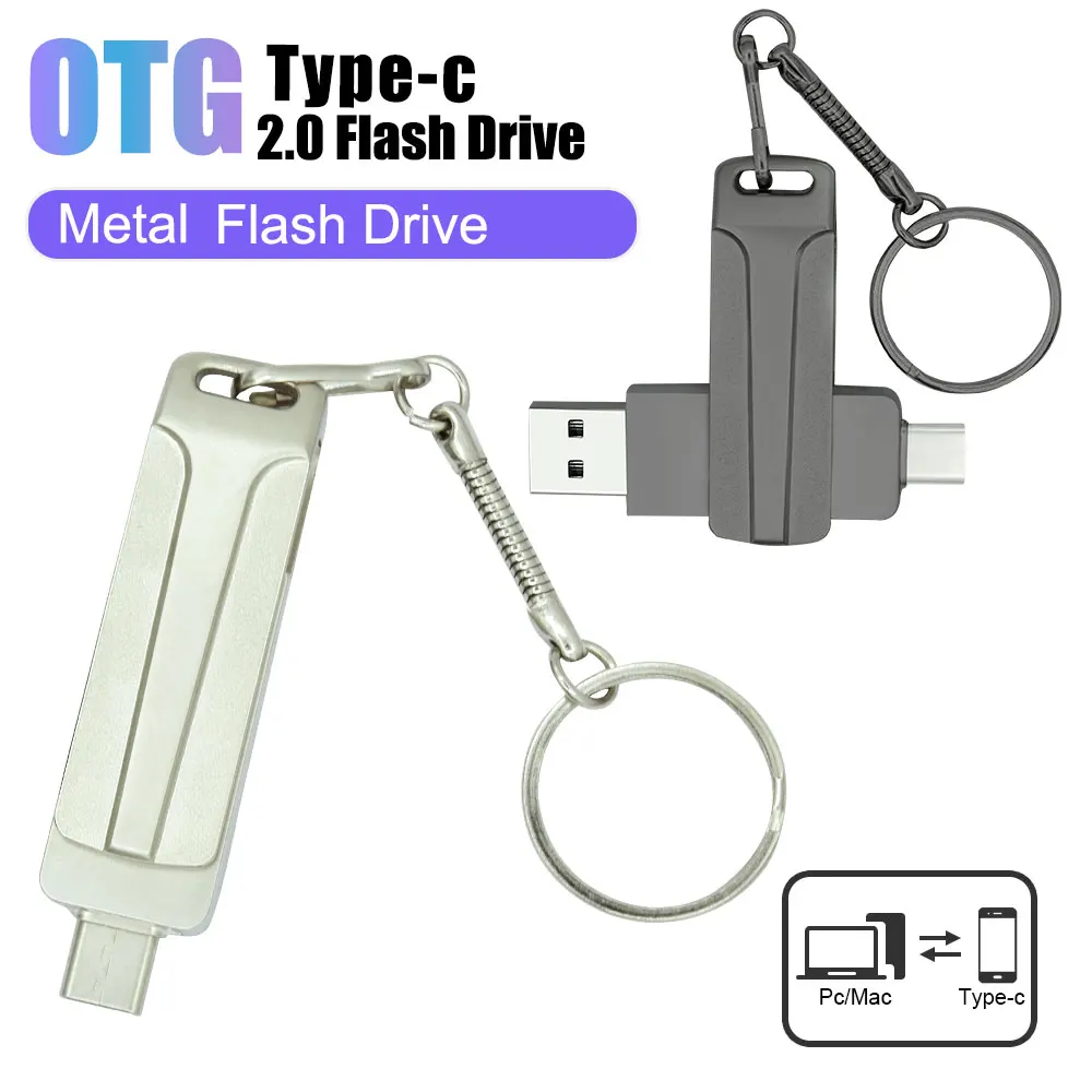 OTG tipo C USB Flash Drive, Pen Drive, Pendrive, Corrente chave de metal, 128GB, 64GB, 32GB, 16GB, 8GB, 4GB