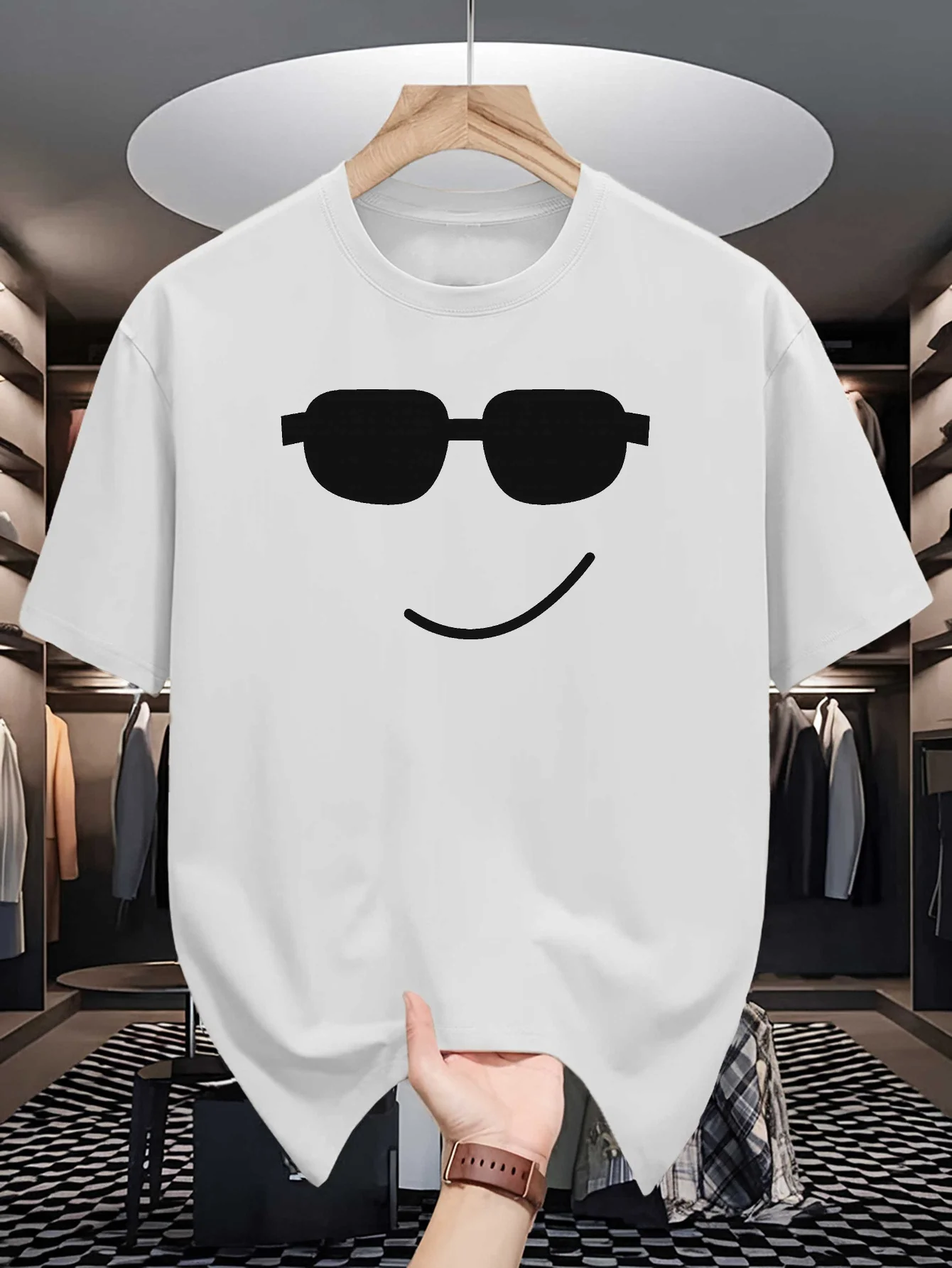 Mens Crew Neck T Shirt Hipster Smiley Face Wearing Sunglasses Minimal Emoji Art Graphic Short Sleeve Casual Cotton Street Tees
