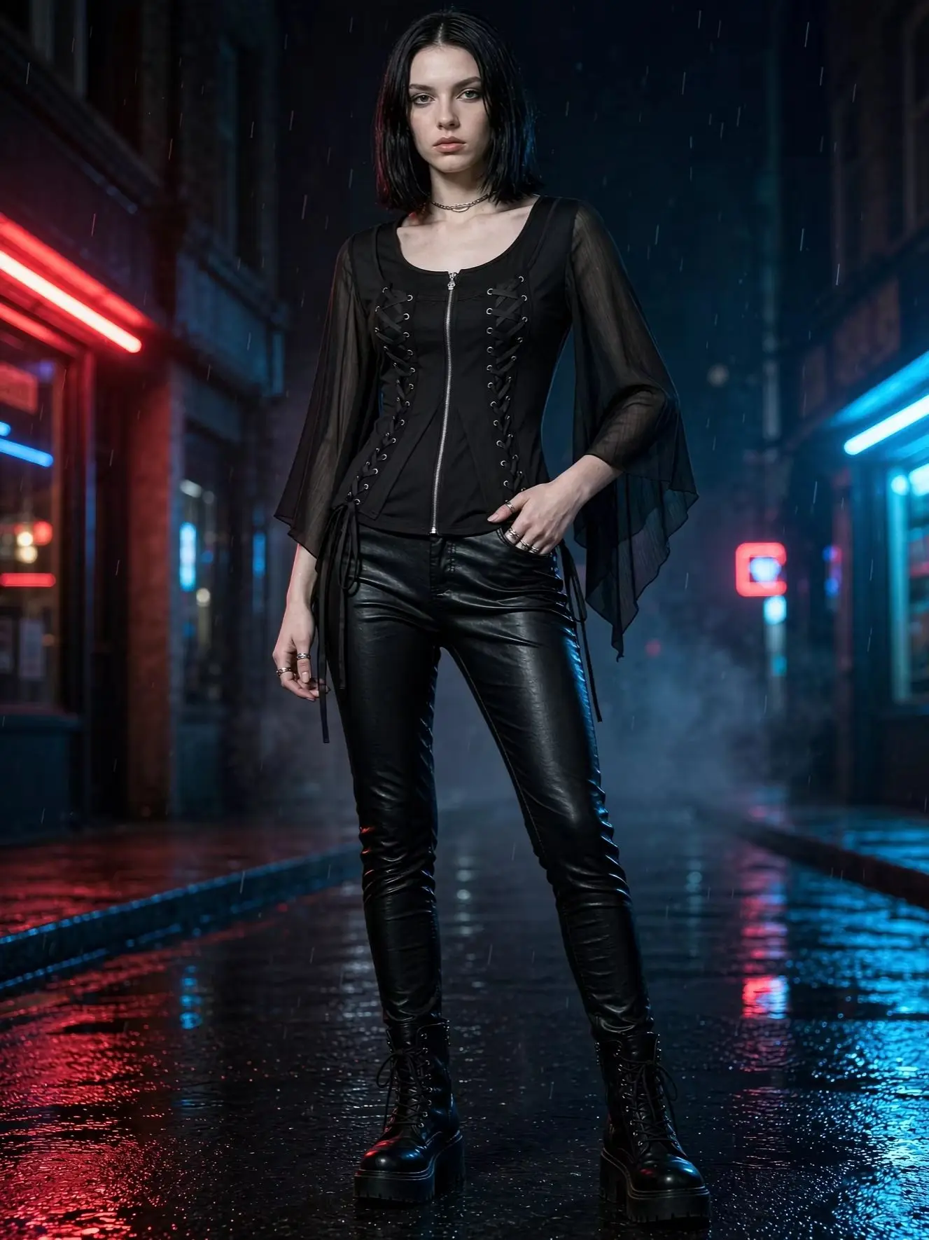 Autumn Gothic Women Blouse Black Coat Lace Up Grommets Zipper Mesh Long Flare Sleeves Tops