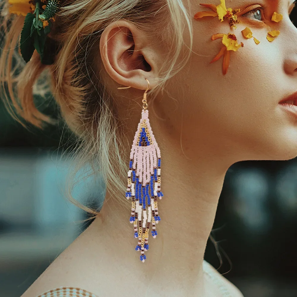 Fringe Earrings  Hand knitting  fashion  Bohemia  Beading  Simple  Swallow tail  alloy  female  geometry  Rice Bead Earrings