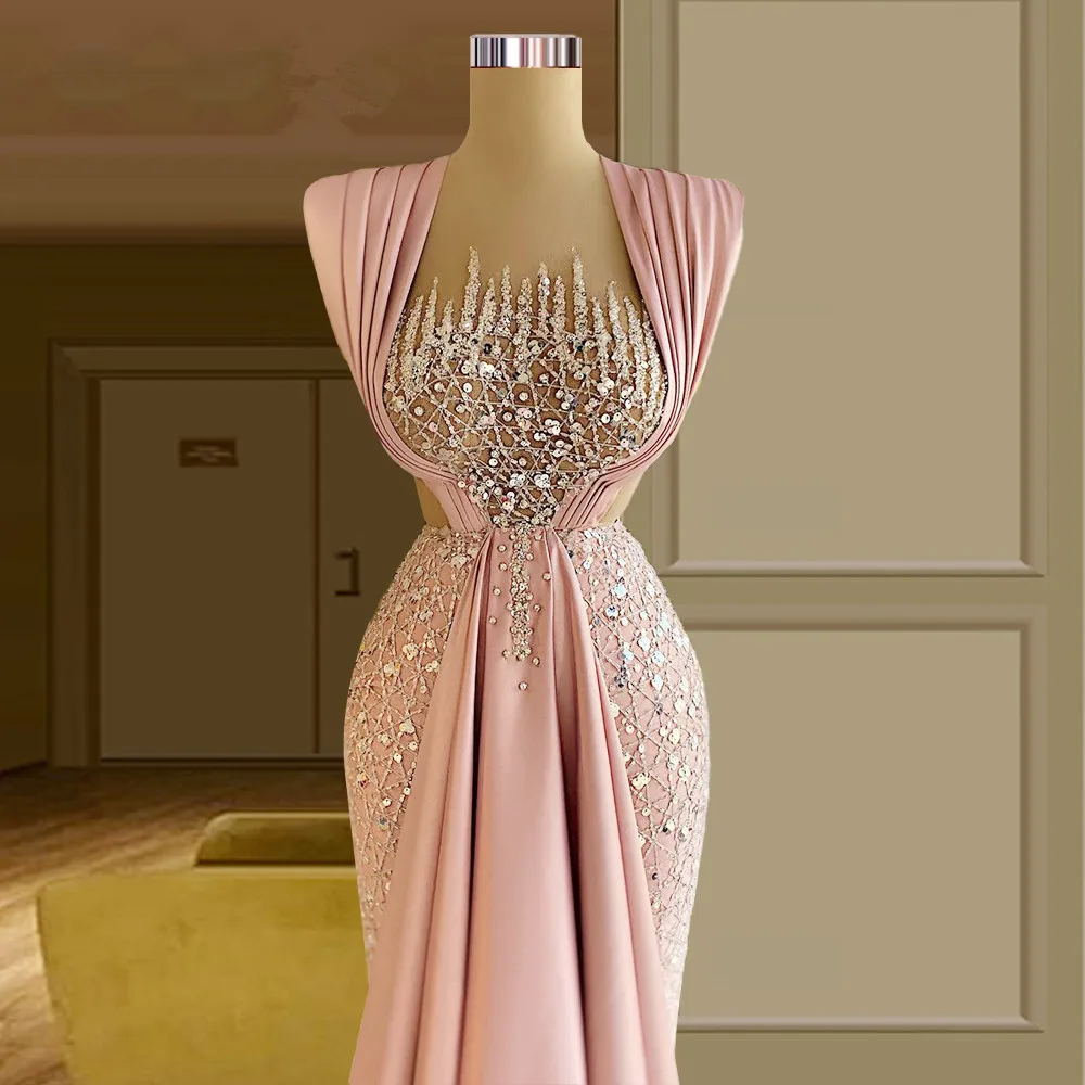 Stunning Pink Evening Dresses Sequined Sleeveless Prom Gowns Custom Made Ruffles Floor Length Women Formal Party Dresses