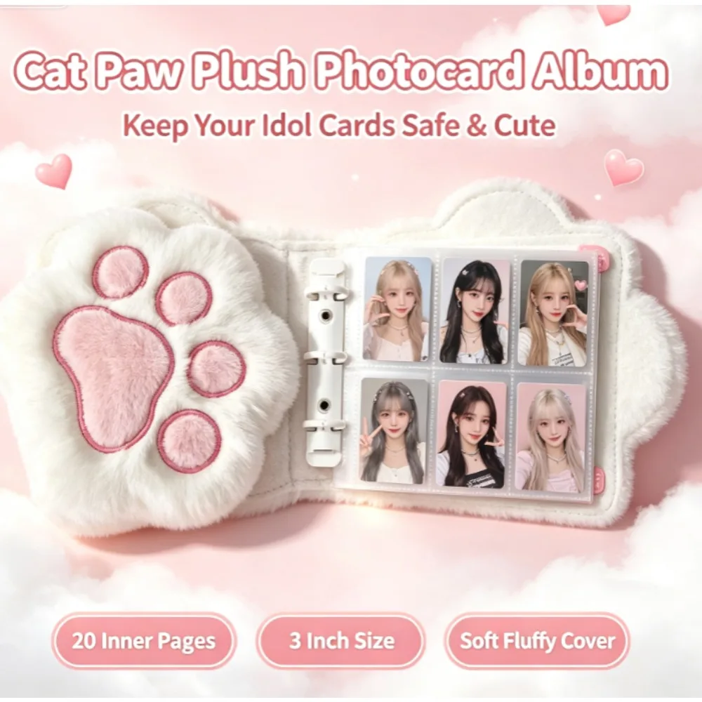 Kawaii Plush Cat Paw Photocard Binder 3‑Inch Kpop Idol Photo Collect Book with 20 Inner Pages Cute Photo Card Album for Girls
