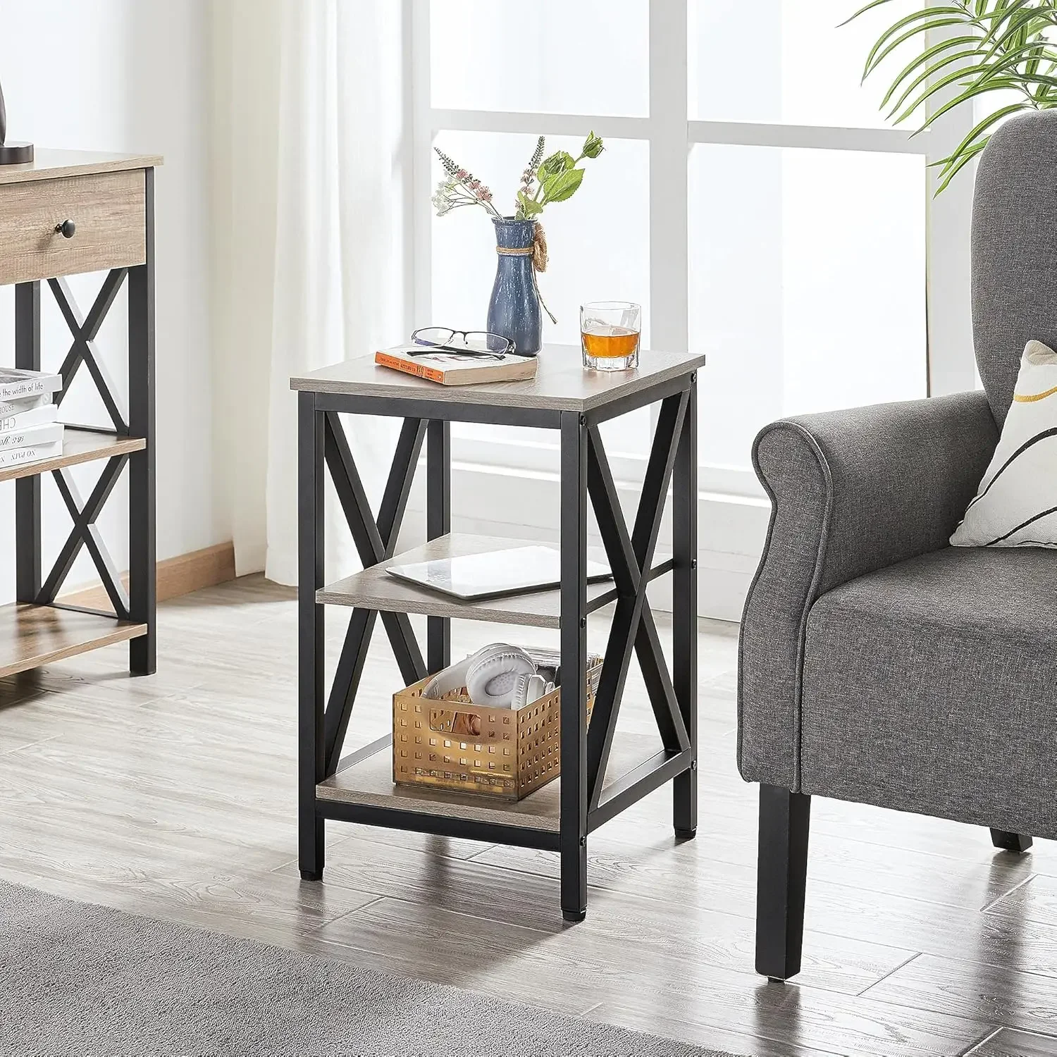 Industrial End Tables Set of 2, 3-Tier Side Tables with Storage Shelves for Living Room, X Design Sofa Tables,Strong Metal Frame