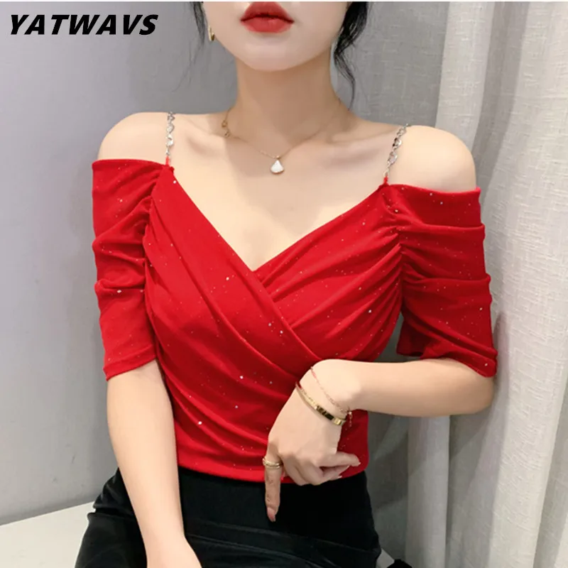 Streetwear Chic Pleated Mesh Stitching Short-Sleeved Women\'s T-Shirt 2023 Summer New Sexy Off-The-Shoulder V-Neck Girl Tees Top