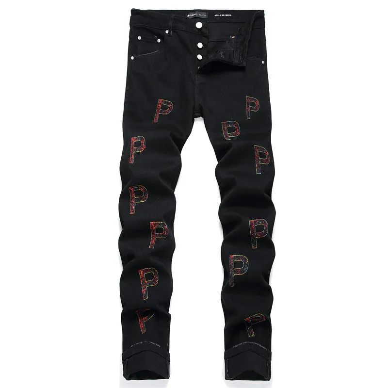 

Men's Black Jeans Letter Colored Embroidered Tape Mid-Waist Stretch Fashion Jeans Fall Casual Hip Hop Wear