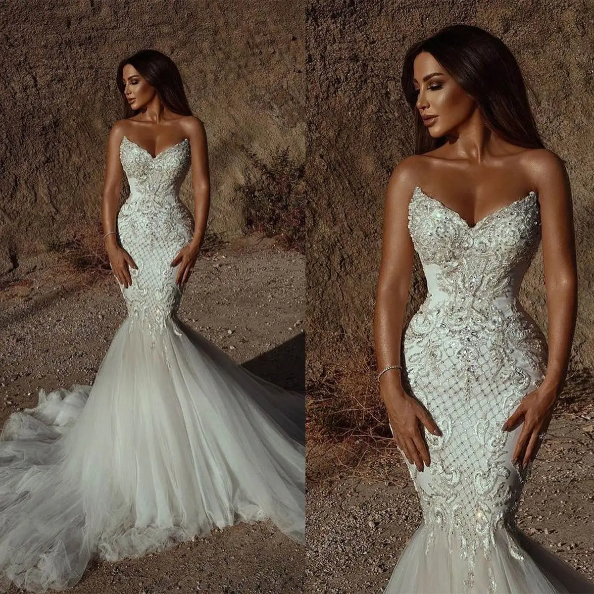 

Sexy Crystal Mermaid Wedding Dress Sequins Beaded Sweetheart Spaghetti Strap Bride Gowns Ruffled Sweep Train Bridal Dresses