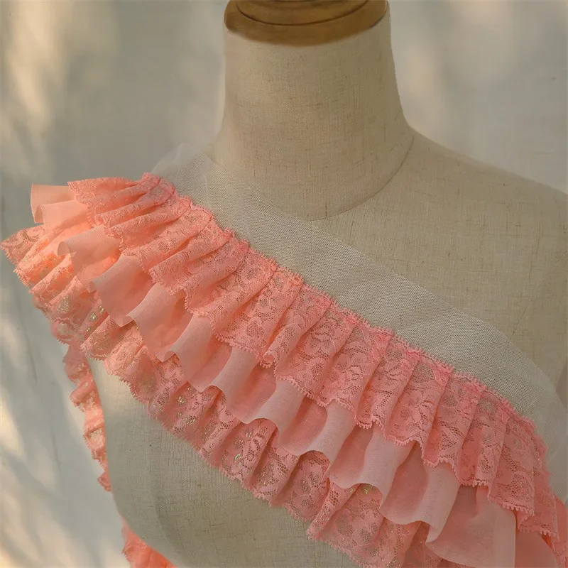 1M Three Layers Pleated Chiffon Fabric Guipure Lace Embroidery Fringe Ruffle Trim Dolls Clothes Dress Collar Sewing Accessories