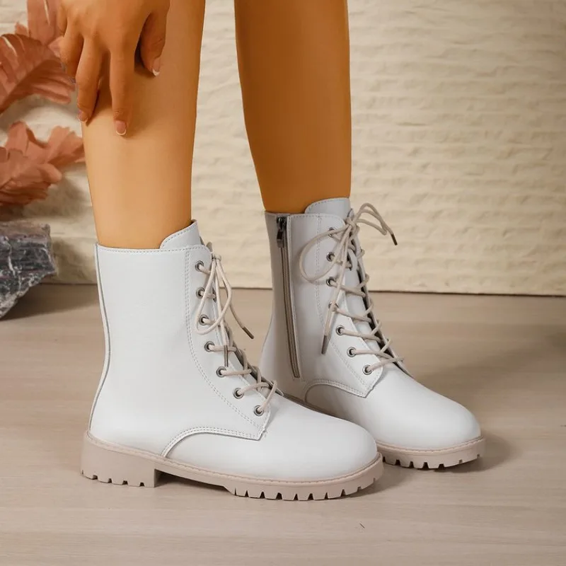 2026 New Trendy Simple Lace Up Design Casual Women Boots Fashion Solid Color Round Toe Soft Soled Comfort Women's Mid Calf Boots