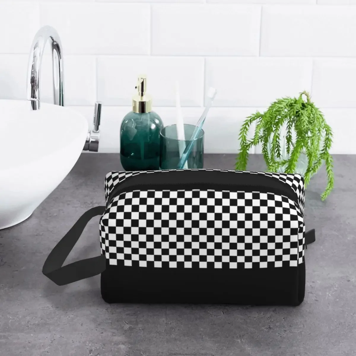 Custom Travel Black And White Checkered Toiletry Bag Checkerboard Pattern Cosmetic Makeup Organizer Beauty Storage Dopp Kit Box