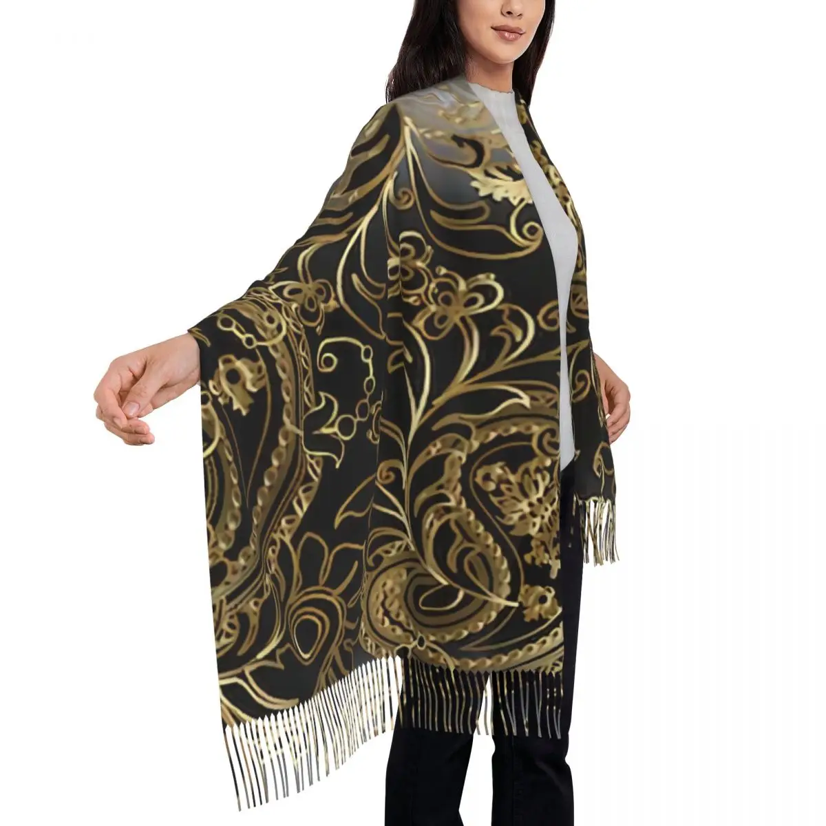 Scarves ثلاثية الأبعاد الذهب والأسود بيزلي الأوشحة للنساء ، الإناث سميكة الدافئة شرابة شال ، Vintage التفاف وشاح ، الزهور ، يترك ، الشتاء