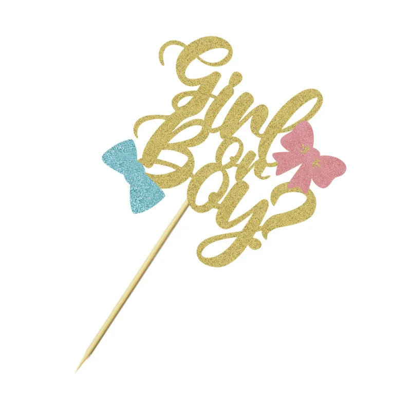 Gender Reveal Cake Topper Boy Or Girl Butterfly Bowtie Happy Birthday Party Baby Shower Cupcake Toppers Decor Baking Supplies