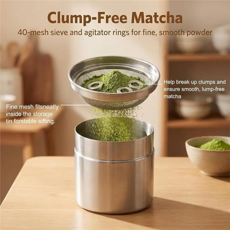 ABWZ-1-Pack Matcha Powder Sifter And Storage Tin Set For Matcha Latte
