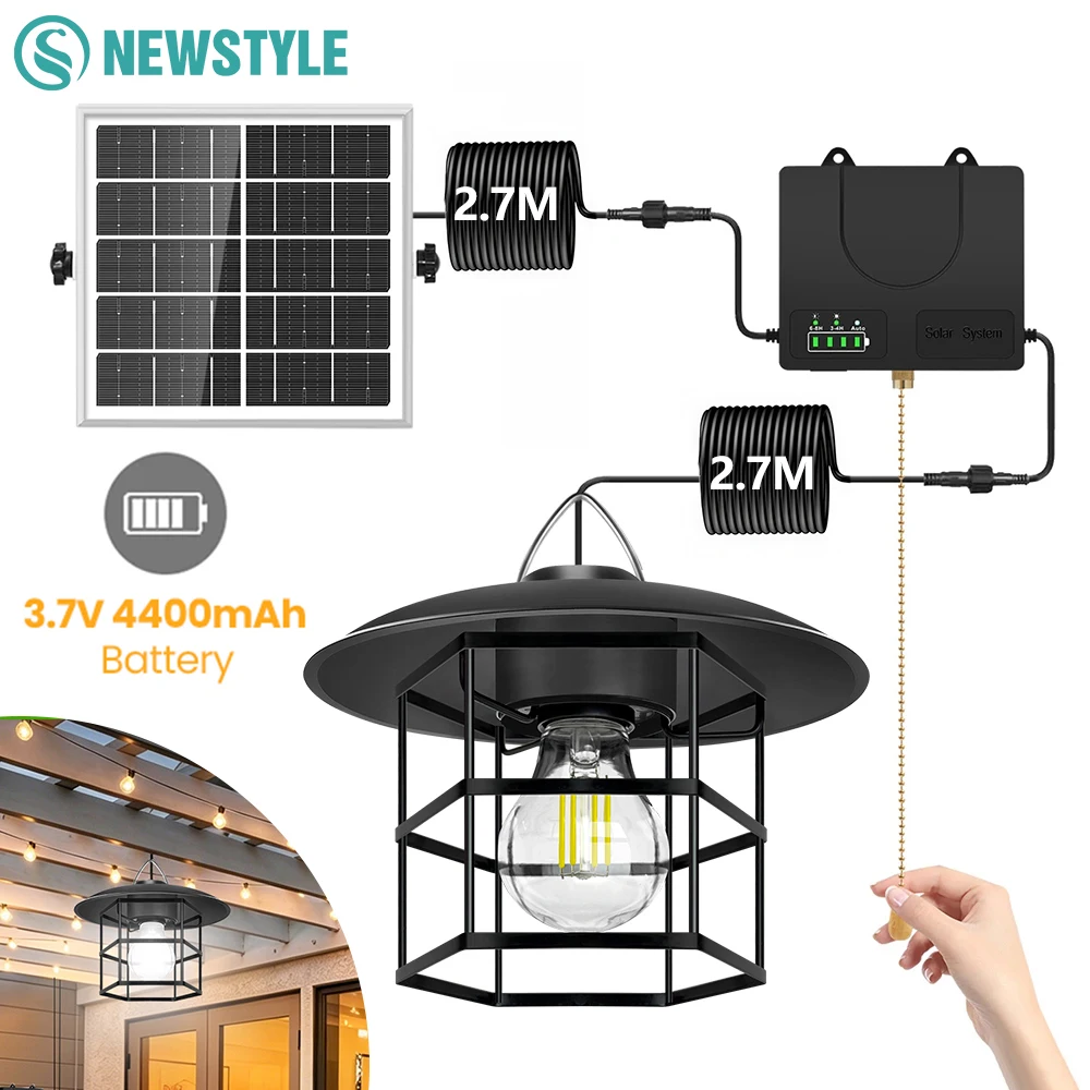 

Vintage Hanging Solar Pendant Light with Battery Level Display IP65 Waterproof Pull Chain Switch Solar Shed Light for Outdoor