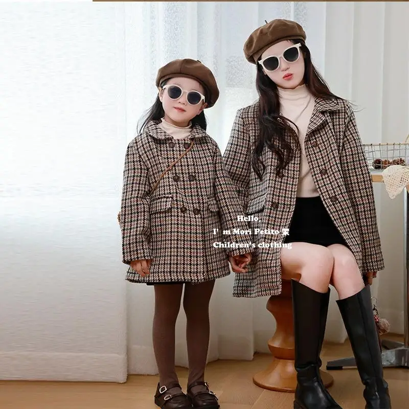 Vintage Girls Trench Coat Thousand Birds Gingham Coat Thickened Woolen English Autumn and Winter Fashion Clothes Coat Kid