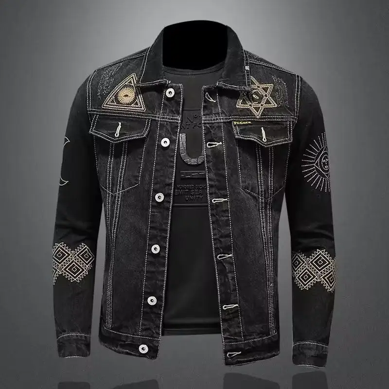 New Spring and Autumn Men\'s Denim Jacket Classic Retro Embroidered Lapel Motorcycle Jacket Trendy Fashion Loose Casual Denim Top