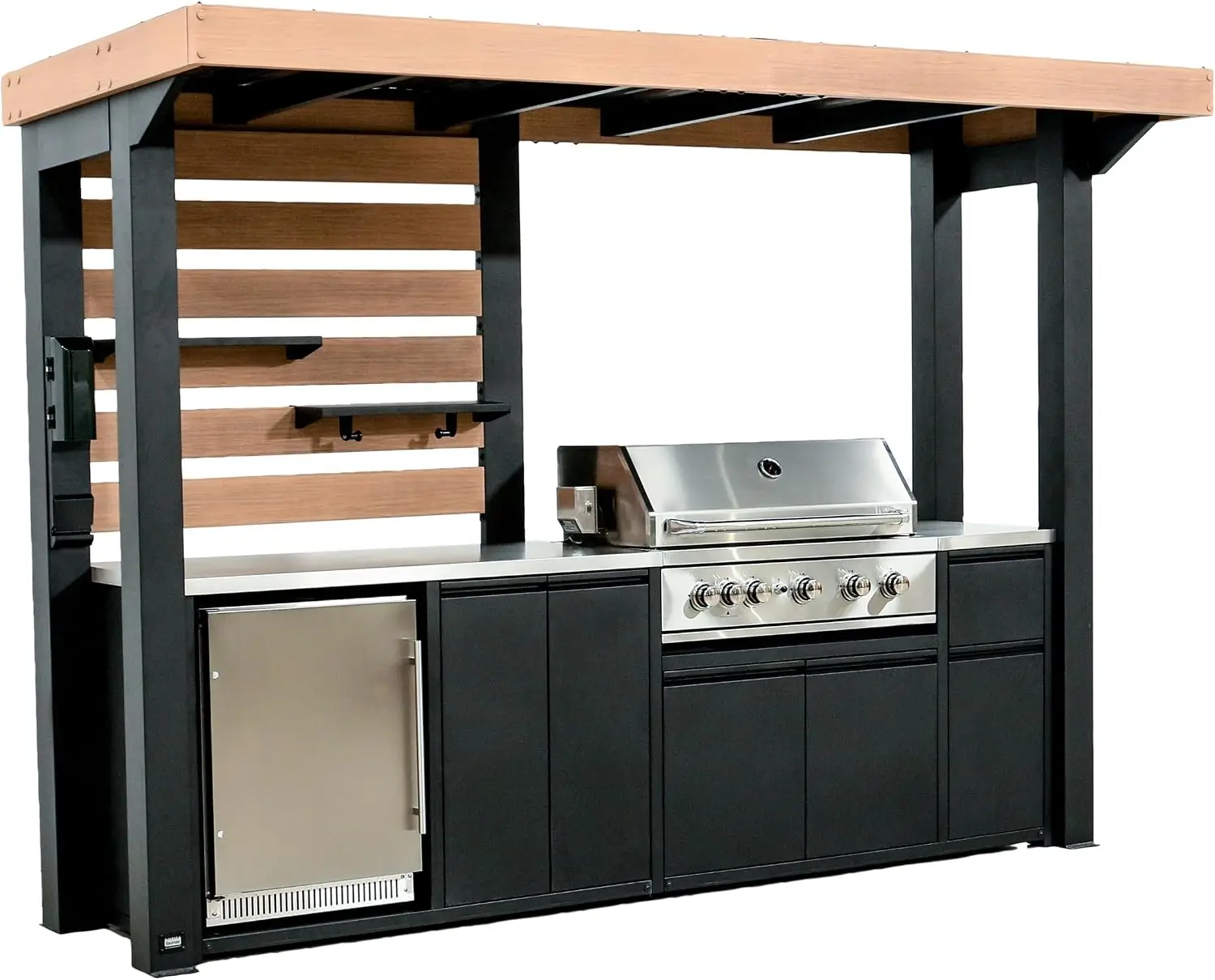 Fusion Flame Galvanized Steel Covered Outdoor Kitchen with 5-Burner Stainless, Grill, Refrigerator, Countertop, Storage, and, Ro