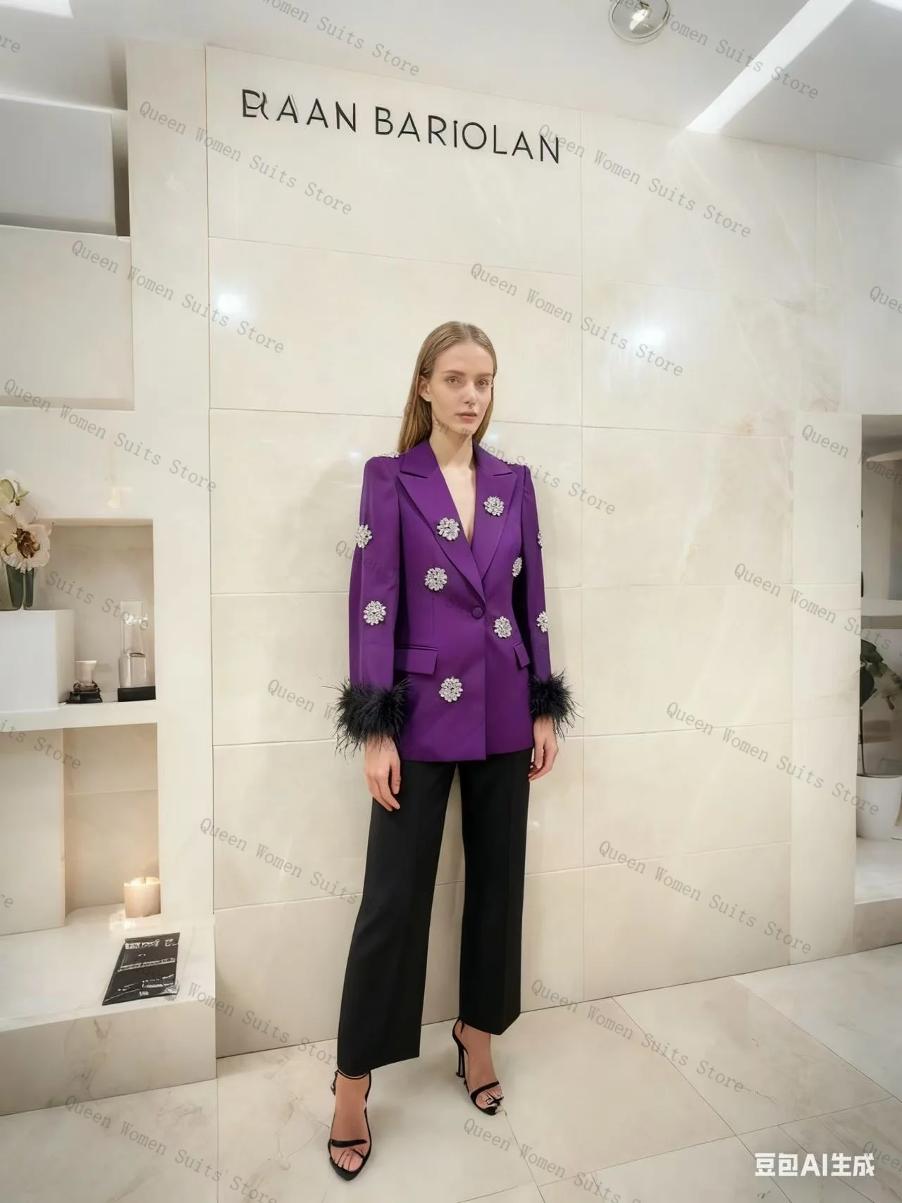 

Feather Crystals Women Suit Set 2 Pcs Purple Blazer+Black Pants Trousers Formal Office Lady Jacket Wedding Prom Coat Customized