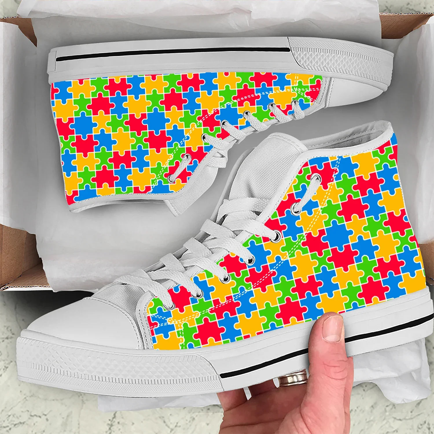 Hot Autism Awareness Jigsaw Puzzle Men Women Fashion Lightweight High Top Canvas Shoes 3D Print Casual Breathable Canvas Shoes