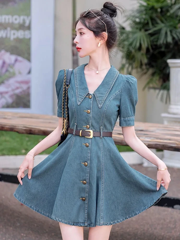 

Vintage French Puffed Sleeve Short Denim Dress Lady Vestidos Para Mujer Hong Kong Style Breathable Waist Slim Dresses For Women