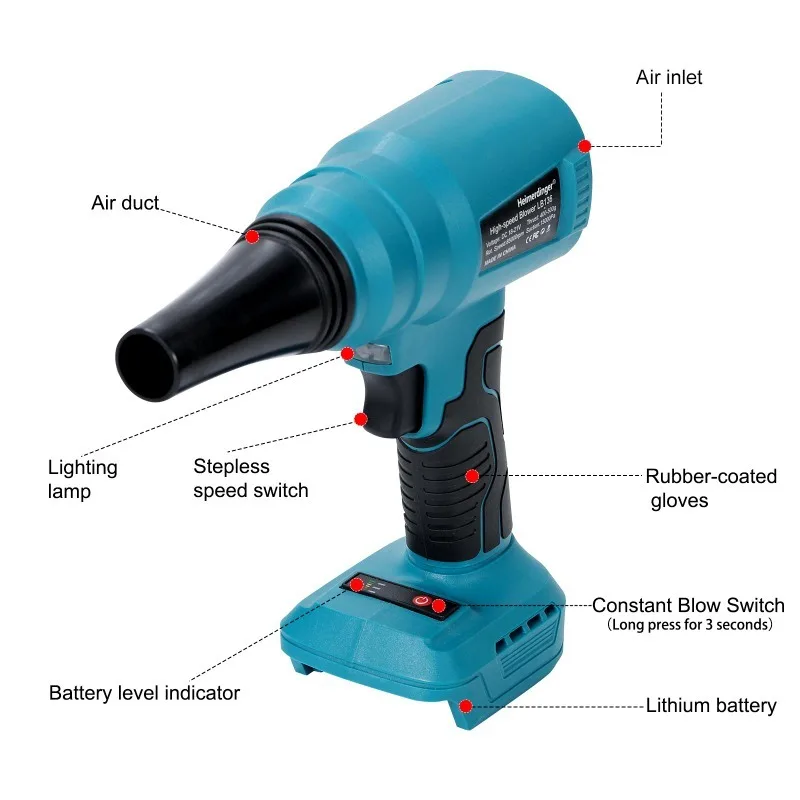 منفاخ Heimerdinger اللاسلكي 85000 دورة في الدقيقة - سرعة ستبليس، شفط 15000 باسكال، للتنظيف/الحيوانات الأليفة/الغبار (18-21 فولت تيار مستمر)، بدون بطارية #2