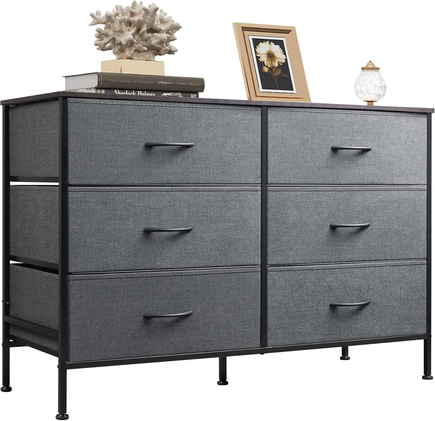 

Dresser for Bedroom with 6 Drawers, Wide Dresser TV Stand for 50 Inches TV, Grey Dresser with Metal Frame, Wooden Top, Fabric