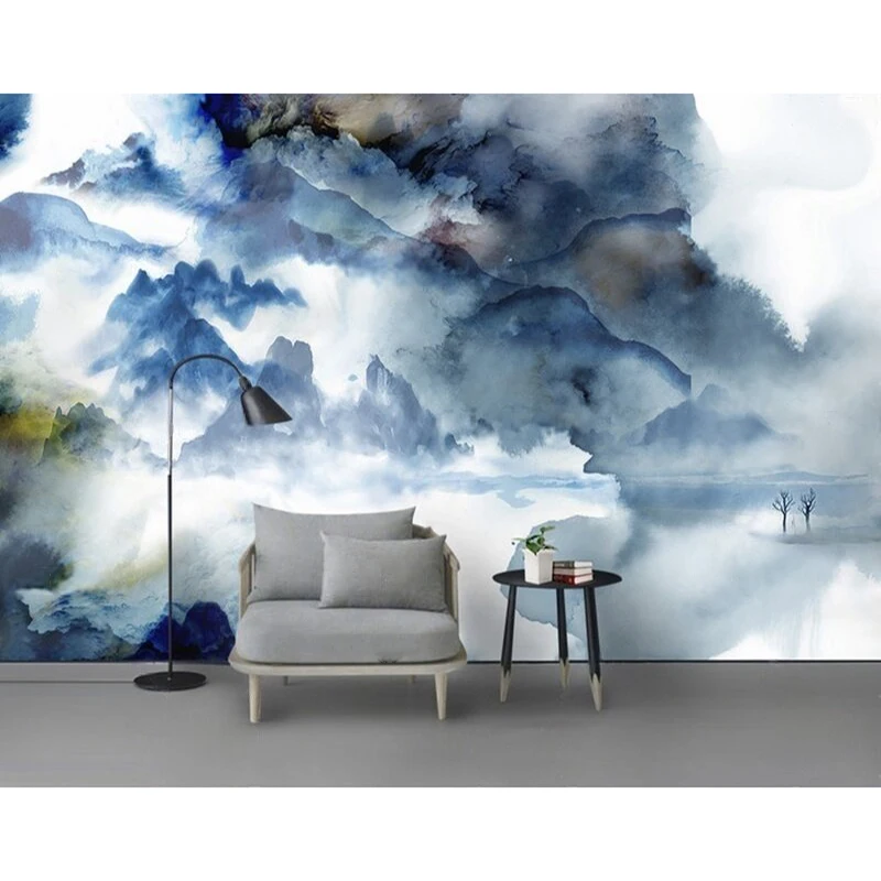 Modern Aesthetic Blue ink-Wash Landscape Abstract Art Hand-Drawn Atmosphere Dreamy And Luxurious Hotel Decoration Wall Sticker