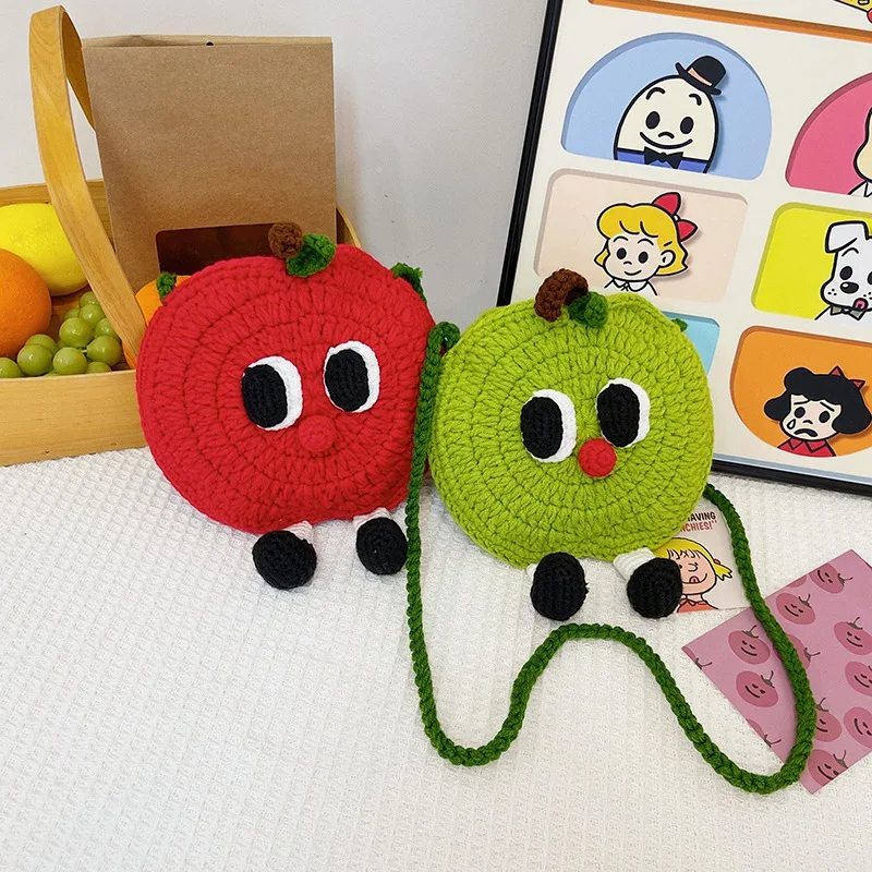 Handmade Woven Bag for Women Woolen Shoulder Crossbody Bag Cute Knitted Cartoon Young Girl Crochet Fruit Apple Mobile Phone Bag
