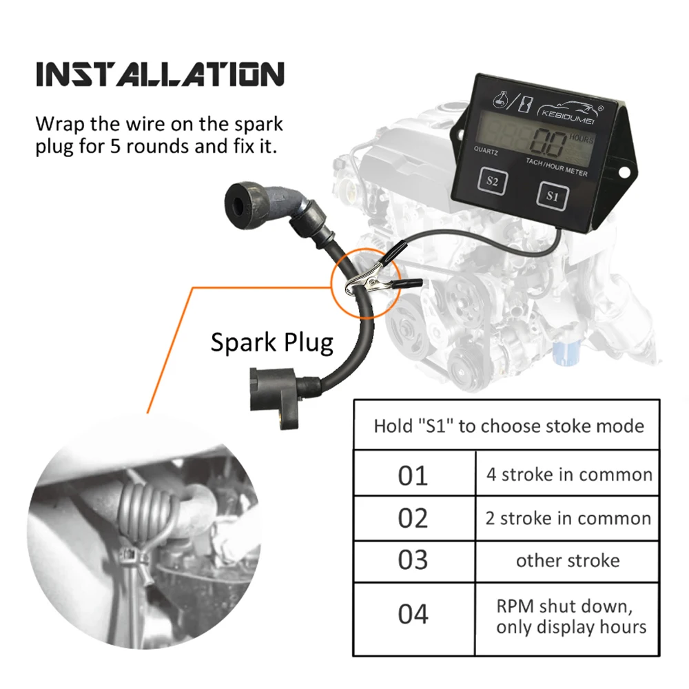 كيبيدومي-مقياس عداد سرعة دوران رقمي للمحرك مع مشبك ، شاشة LCD للدراجة النارية ، السكتة الدماغية ، القارب ، عداد الساعة ، بطارية قابلة للإزالة