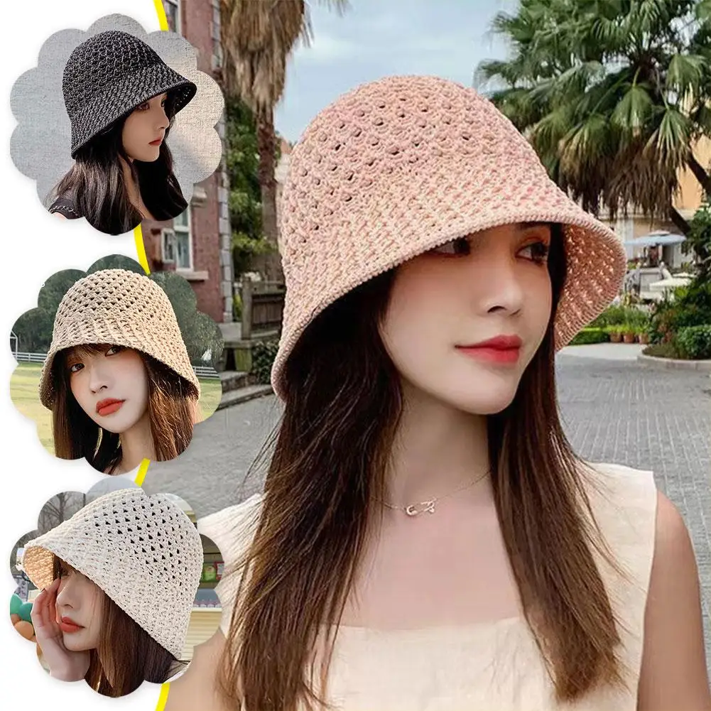 Summer Wide Sun Hat Brim Floppy Hats For Women Beach Panama Straw Dome Weave Bucket Hat Hollow Out Female Hat Knitted Women Hat
