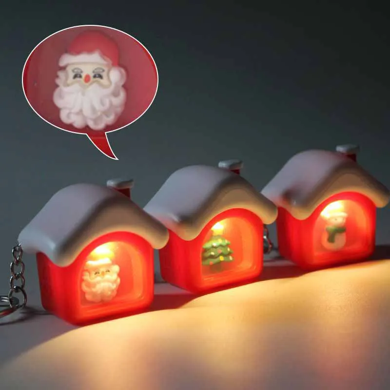 New LED Light-emitting Sound Small House Santa Claus Keychain Pendant Creative Christmas Day Romantic Night Light Small Gifts