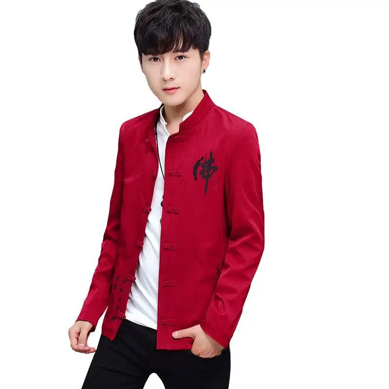 Chinese Sle Embroidered Jaet Stand Collar Men's Youth Cotton Thiened Autumn Outerwear Button Detail CleanFit Design