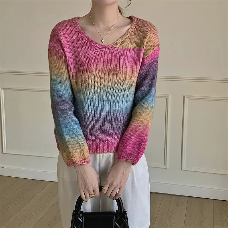 

2024 Autumn Winter Vintage Tie Dye V Neck Pullover Women Tops Long Sleeve Gradient Sweater Korean Fashion Ladies Knit Clothes