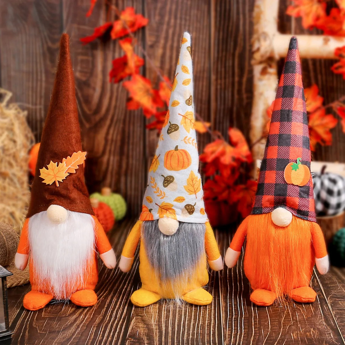 

Harvest Festival Thanksgiving Faceless Old Man Rudolph Standing Figure Maple Plaid Pumpkin Hat Doll Long Beard Plush Decoration