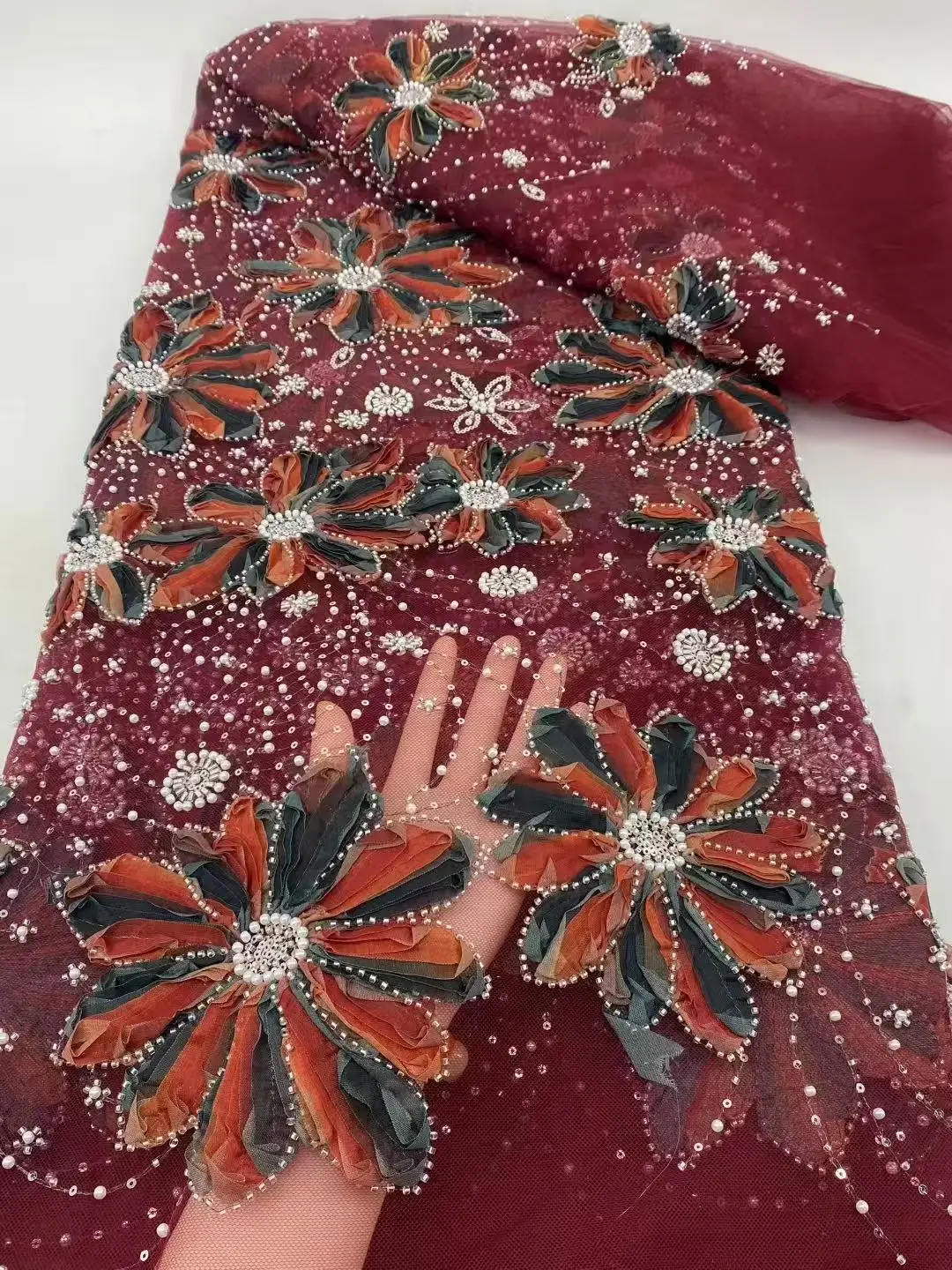 Latest African Beaded Lace Fabric Embroidery French Mesh Sequins Lace Fabric Nigerian Tulle Lace for Party Material