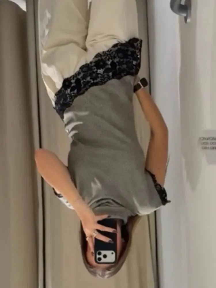 

HH Women Fashion Versatile Stand Collar Sleeveless Houndstooth Lace Patchwork Top Female Sleeveless Elegant Asymmetric Hem Top