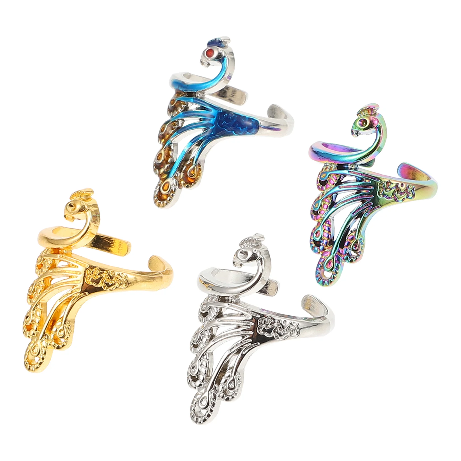 4 Pcs Vintage Peacock Rings Multi purpose Yarn Guide Sewing Hook Alloy Knitting Elegant Open Finger Decorations