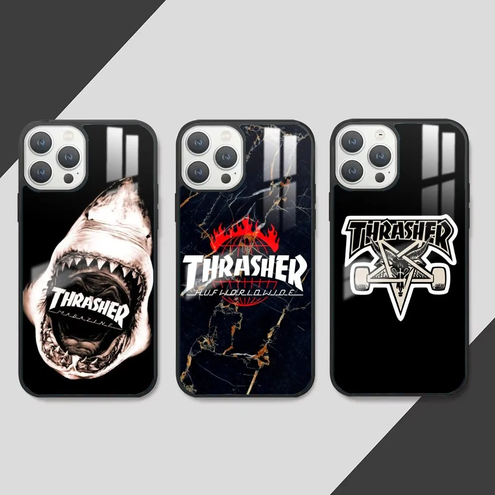 skateboard brand T-thrasher Phone Case For iPhone 16 15 14 13 12 11 Pro Max Plus Mini PC Fashion mirror phone case