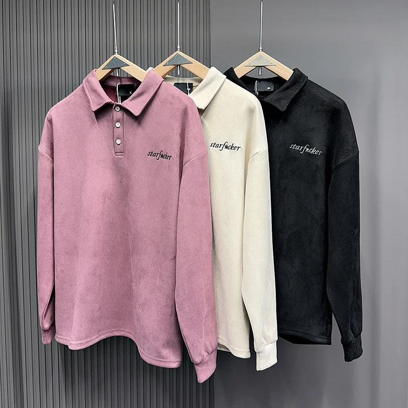 

Замшевая рубашка-поло с вышивкой букв и этикеткой для мужчин и женщин, черная Apriot, фиолетовая, свободная, осенне-весенняя, простая футболка с длинным рукавом с лацканами