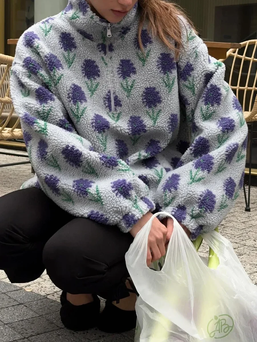 Wolfeel-Sudadera de lana Jacquard para mujer, sudadera holgada con media cremallera, sudadera de cuello alto, otoño e invierno