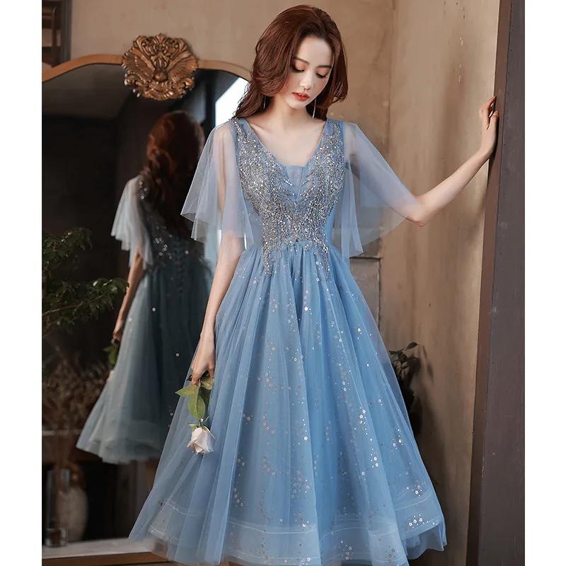 

Blue Prom Dress Simple V-Neck Appliques Sequins Mid-Length A-Line Party Gowns Elegant Female Banquet Vestidos