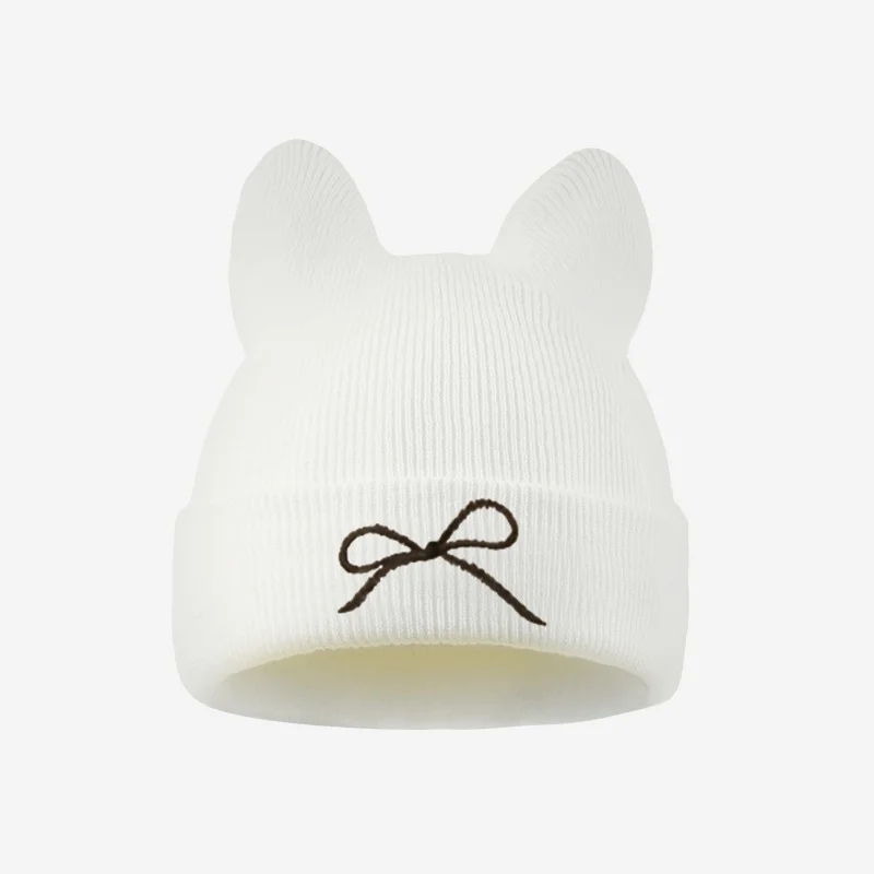 1-3Y Toddler Cat Ear Knit Beanie, Bowknot Embroidery Kids Winter Hat, Sweet Casual Headwear for Daily Wear view 4
